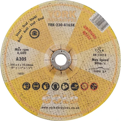 Image of York Abrasives Gold 230 X 6 22MM A30 S Reinforce Grinding Discs for Metal Type 27 Depressed Centre (DPC)