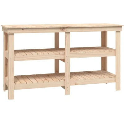 Image of vidaXL Solid Pine Wood Work Bench 142.5x50x80 cm Wooden Garage Working Table with Shelves Ideal for Workshop, Living Area, Brown