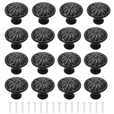 Image of YEYIT 16Pcs Black Cabinet Door Handle, Round Drawer Knobs, Single Hole Cupboard Mushroom Handle 30MM Aluminum Alloy Flower Pattern with Screws