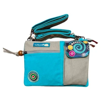 Image of Macha Women&#039;s Handbag with Ethnic Patterns, Turquoise 01, Cotton and Leather, Adjustable Shoulder Strap, 25 cm x 18