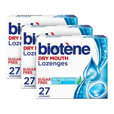 Image of biotène Dry Mouth Lozenges for and Fresh Breath, Relief Breath Freshener, Refreshing Mint 27 Count (Pack of 3)