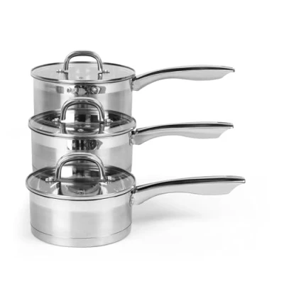 Image of Salter BW06734 3 Piece Stainless Steel Saucepan Set, Flat Glass Lids With Steam Vents, Lightweight 16/18/20cm Cooking Pans, Induction Hob/Dishwasher Suitable, Easy Clean Scratch Resistant Satin Finish
