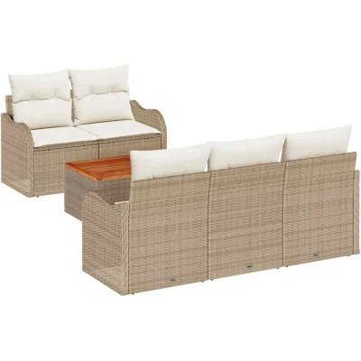 Image of 6 Piece Garden Sofa Set with Cushions Beige Poly Rattan Acacia vidaXL