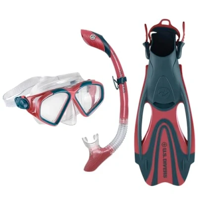 Image of US.Divers Set Cozumel Adult Mask, Fins and Snorkel Kit with UV Protection, Anti fog leak Lenses, Hiking, Snorkeling, Men Women, Silicone Adjustable Fins, Carry Bag Included