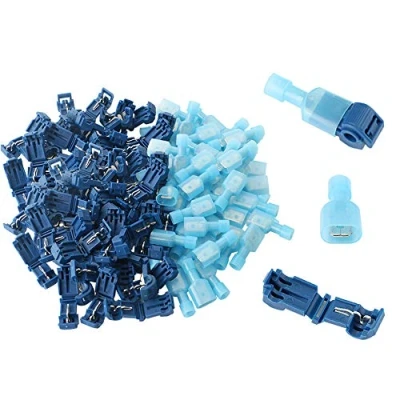 Image of Aiqeer 100 Pcs (50 Pairs) Blue T Tap Self Stripping Electrical Connectors, Quick Splice Wire Terminal Block, and Fully Insulated Male Spade Connector