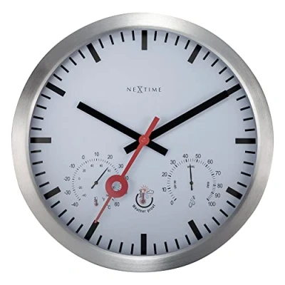 Image of NexTime Wall Clock with Thermometer and Hygrometer 35cm Ø White Clematis, Aluminium, Silver,