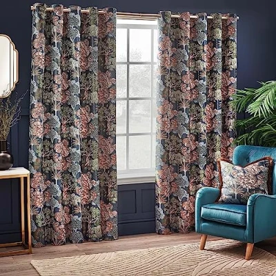 Image of Wylder Nature Woodlands Eyelet Curtains 2 Panels Width x Drop 117 137cm (46 54) Navy