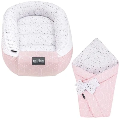 Image of Bellochi 2in1 Set Baby Nest Pod and Swaddle Blanket Sleep for Newborn with Protective Edges Wrap 100% Cotton Oeko TEX Certified Aurora