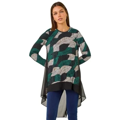 Image of Roman Originals Chiffon Dipped Hem Top Asymmetric Tunic for Women UK Ladies Stretchy Jersey Flared Blouse Smart Fit &amp; Flare Form Casual Loose Longline Party Hanky Tunics Teal Size 20