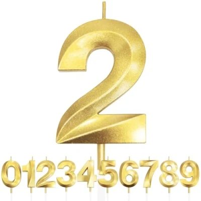 Image of Number 2 Birthday Candles, 3D Design Gold Glitter 2nd Candle, Happy Cake Topper Decorations, Candle for Party, Wedding Anniversary 1pc