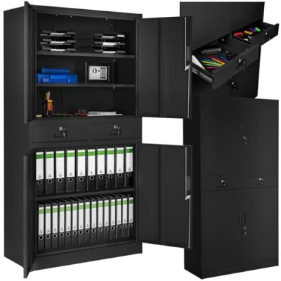 Image of TecTake® Lockable Filing Cabinet in Robust Steel with 2 Drawers, Compartments Adjustable Shelves, Easy Assembly, Reinforced Hinged Doors &amp; 4 Locks Home Office Storage Black