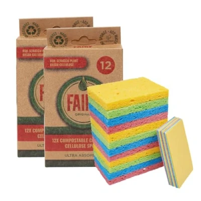 Image of Fairy Original Eco Compostable Compressed Pop up Dish Cleaning Sponges, Mixed Colours, Bulk Pack of 24 sponges