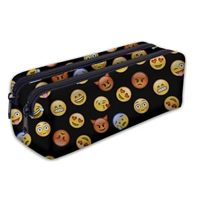 Image of Pencil Case with 2 Compartments Toiletry Bag Vanity Make up Purse Phone Handbag Holder Emoji Black [107]