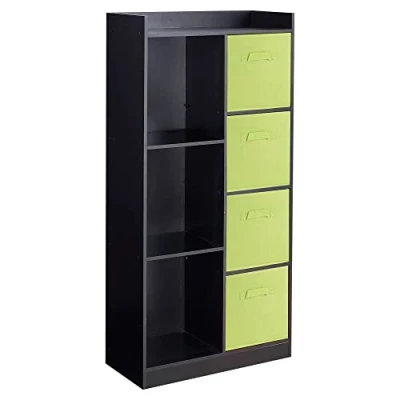 Image of URBNLIVING Tall Wooden 7 Cube Bookcase Shelving Display Storage Unit Cabinet Shelves New (Black Bookcase) (Green Drawer)