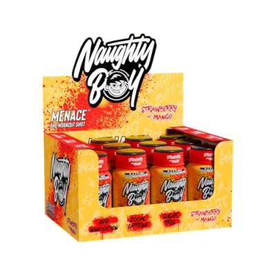 Image of Naughty Boy Menace Pre Workout Shot, Ready to Drink Food Supplement with Beta Alanine, Caffeine, GlycerPWR and Vitamin B3 B12, Strawberry Mango Flavour, 12 Pack, x 60ml
