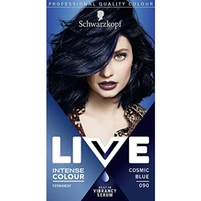 Image of Schwarzkopf LIVE Intense Colour Cosmic Blue Permanent Hair Dye 090, Long Lasting Black with Built In Vibrancy Serum, for up to 100% Grey Coverage