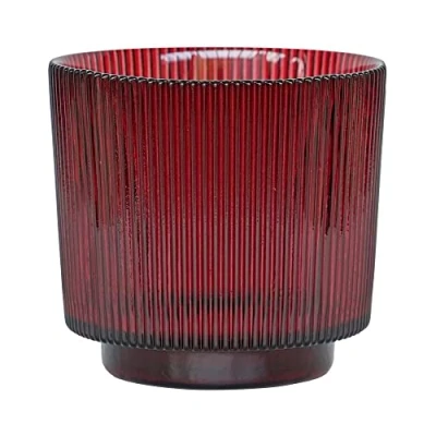 Image of Ivyline Glass Plant Pot, Ribbed Design 10.5cm Coloured Planter Small, Tealight Holder, Decorative Tea Light Votive Candle Lantern for Candles (Burgundy)