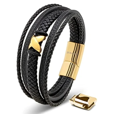 Image of SERASAR Premium Bracelet [Flake] For Men in Genuine Black Leather Magnetic Stainless Steel Clasp Black, Silver and Gold Exclusive Jewellery Box Great Gift Idea