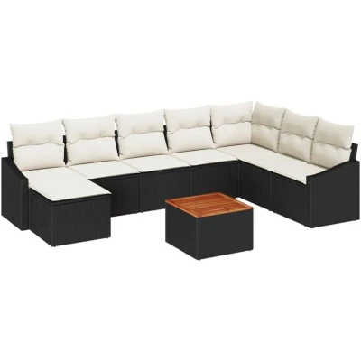 Image of vidaXL 9 Piece Garden Sofa Set with Cushions Black Poly Rattan Acacia
