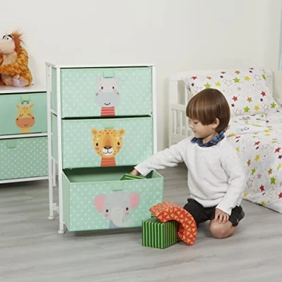 Image of Liberty House Toys Kids Jungle Chest of Drawers Furniture Storage for Kid’s, Bedroom, Nursery, Playroom, Clothes, Toy Steel Frame, Wood Top, 3 Fabric Bins