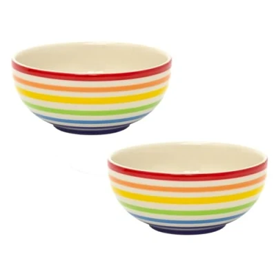 Image of Carousel Home Set Of 2 Hand painted Rainbow Bowl Pack Round Ceramic Kitchen Cereal Serving Pasta Piece Ramen Dishes 16cm