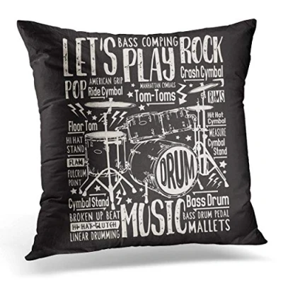 Image of Topyee Cushion Cover Vintage Music Rock Drums Tee Graphics Drummer Text Sign 45x45cm/18x18 Inch Home Decor Throw Pillow Square Pillowcase for Bed Sofa