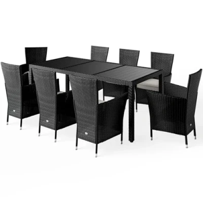 Image of CASARIA® 9 Pcs Garden Furniture Set 190x90cm Poly Rattan Table with WPC Tabletop 8 Stackable Chairs Weatherproof Patio Outdoor Dining Black