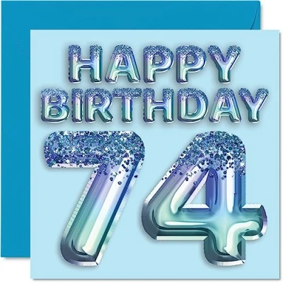 Image of 74th Birthday Card for Men Blue Glitter Party Balloon Happy Cards 74 Year Old Man Great Grandpa Grandad Dad Gran, 145mm x Seventy Four Fourth Greeting Gift