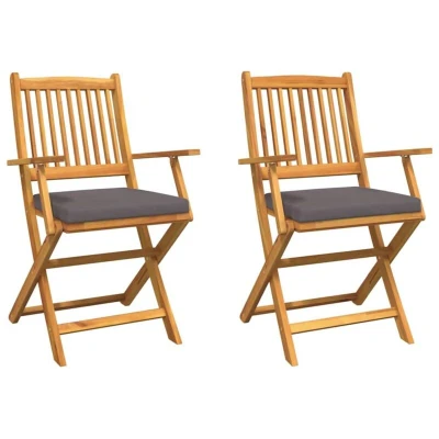 Image of vidaXL Folding Garden Chairs with Grey Cushion 2pcs Solid Acacia Wood