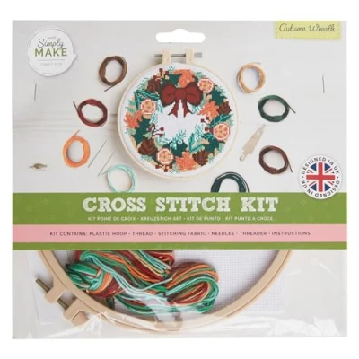 Image of Simply Make Cross Stitch Kit Autumn Wreath Design for Kids and Adults, Including Hoop, Embroidery Thread, Fabric Needle Perfect Adult Crafts Beginners Starter Craft