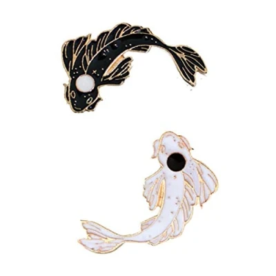 Image of Set of 2 Cute Fish Enamel Lapel Pin Cartoon Koi Brooch Badge for Clothing Bags Backpacks Black White Colour