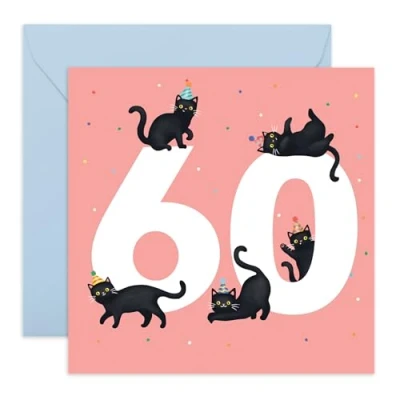 Image of Central 23 60th Birthday Card For Women Black Cats Age 60 Wife Mum Sister Happy Sixtieth Greeting Female Friends Comes With Fun Stickers