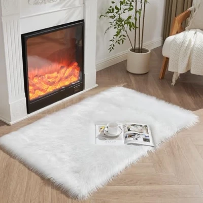 Image of HEQUN Faux Fur Rug, Fluffy Shaggy Rugs,Faux Sheepskin Rugs Floor Carpet for Bedrooms Living Room Kids Rooms Decor (White, 60 X 90 CM Square)