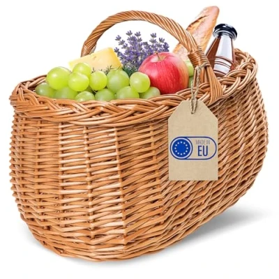 Image of Creative Home Wicker Shopping Basket 45 x 32 34 cm (+/ 1 cm) Large &amp; Light with Handle Handwoven Handmade Durable Natural Brown Thick Willow Woven Easter, Picnic, Fruit, Gift