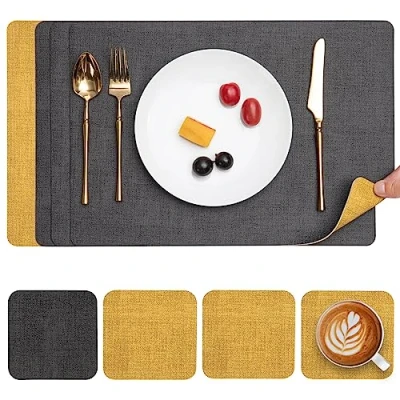 Image of Myir JUN Placemats and Coasters Set of 4, Place Mats Dual Sided Faux Leather Table PU Indoor Outdoor Heat Resistant Placemat Square Non Slip Wipeable Washable Dining Restaurant (Grey Yellow)