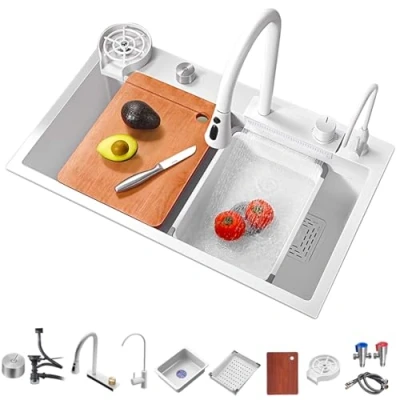 Image of ‎Ribanedy 80 cm White Waterfall Kitchen Sink，Drop in Stainless Steel Workstation Sink，Multifunctional Modern Single Bowl Sink with Pull Down Sprayhead Faucet &amp; Accessories