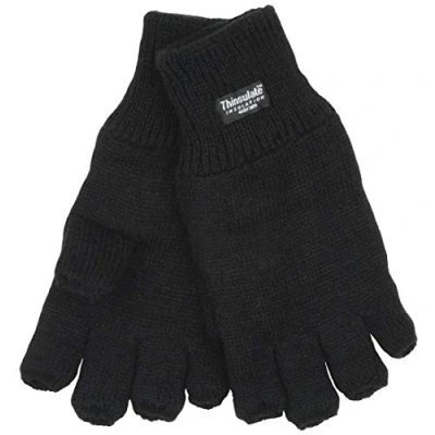 Image of Mens Womens Black Fingerless Thinsulate Lined Thermal Knitted Gloves