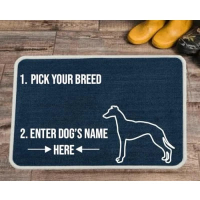 Image of Pet REBELLION Extra Large Personalised Absorbent Machine Washable Food Mat For Dogs Feeding Bowls Non Slip Reduces Movement Rounded Corners to Stay Flat (Whippet Blue)