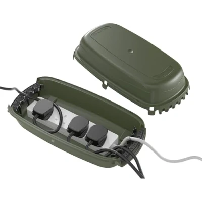 Image of D Line OCM002 Weatherproof Electrical Box, Outdoor Extension Socket IP54, 2 x Entry and Exit Sections for Ease of Use, Green