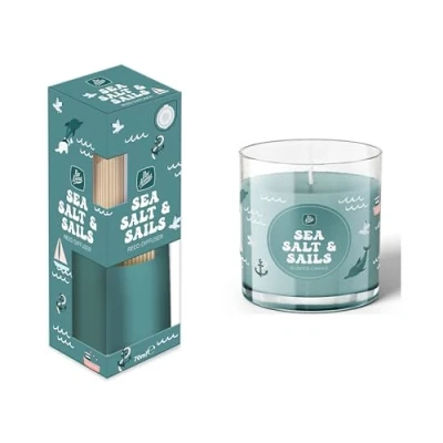 Image of 2 Pack Sea Salt &amp; Sails Set Includes Reed Fragrance Diffuser 50ml Candle Holiday Home Freshener
