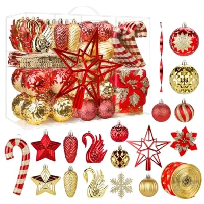 Image of Alupssuc 128Pcs Christmas Baubles Ornaments Set, Shatterproof Tree Decorations Balls,Christmas Flowers, Ribbon,Tree Topper for Xmas Holiday Wedding Party with Hooks, Red &amp; Gold