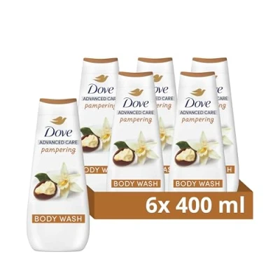 Image of Dove Advanced Care Pampering Body Wash Cleanser shower gel with a shea butter &amp; vanilla scent for instantly lotion soft skin 6x 400 ml