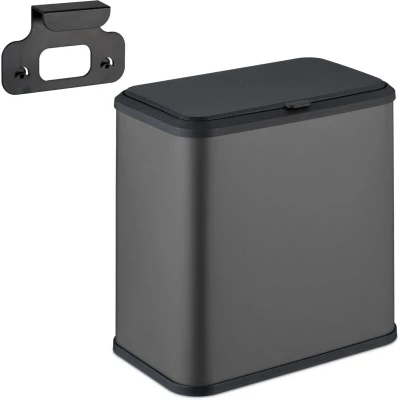 Image of Relaxdays Hanging Rubbish Bin, 5L, Waste Container for Cupboard, Kitchen &amp; Bathroom, Metal Plastic, Rectangular, Grey