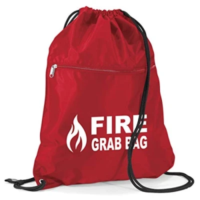 Image of School Evacuation Fire Grab Bag with Flame Logo Graphic Printed Red Emergency Documents Drawstring Sack