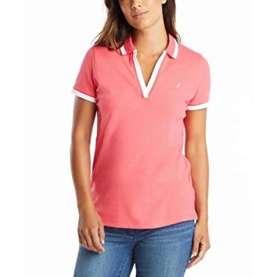 Image of Nautica Women&#039;s Classic Fit Striped V Neck Collar Stretch Cotton Polo Shirt, Rouge Pink, Small