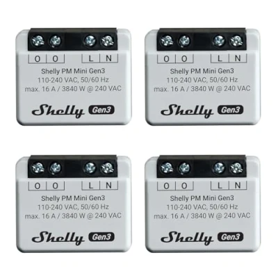 Image of Shelly PM Mini Gen 3 Pack of 4 WiFi &amp; Bluetooth Smart Power Meter 1 Channel 16 A Home Automation Compatible with Alexa and Google iOS Android App No Hub Required, 3800235261613