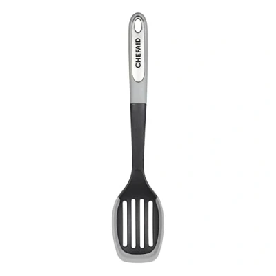 Image of Chef Aid Nylon Slotted Spoon, Essential Kitchen Utensil, Non Slip Grip Handle, Stick Safe, BPA Free, Grey
