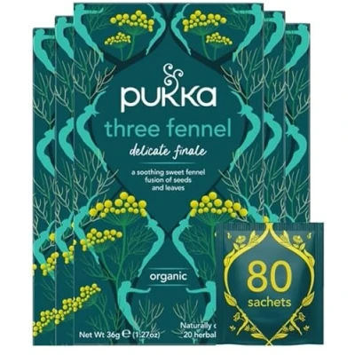 Image of Pukka Herbs Three Fennel Organic Herbal Tea Box Sweet &amp; Wild Seeds Leaf Ideal For Digestion Caffeine Free 4 Packs 80 Plant Based Biodegradable Bags
