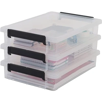 Image of Iris Ohyama A4 Plastic File Storage Box, 4L, Set of 3, Clear, Latching Clips with Handles, Paper &amp; Document Organizer, Stackable, For Office, Craft, Hobby, Toys Games, School Supplies LLB