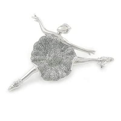 Image of Avalaya Exquisite Dansing Ballerina with Glitter Dress Brooch in Rhodium Plated Metal 52mm W